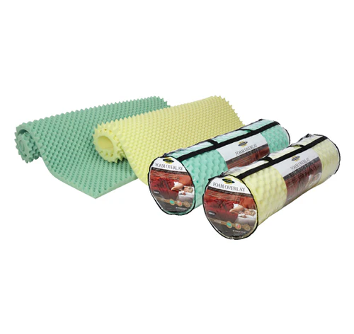 Green and yellow convoluted foam mattress overlays rolled and unrolled