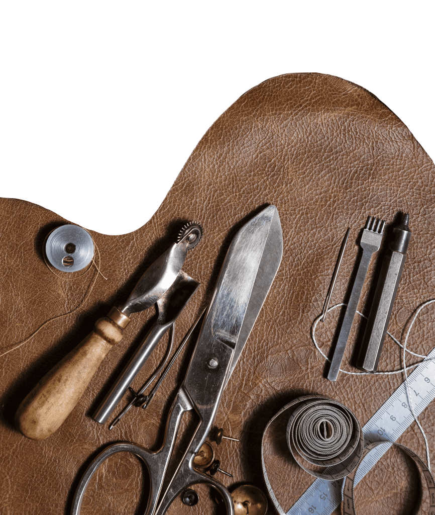 Upholstery supplies including tools, fabric, and accessories for custom furniture projects