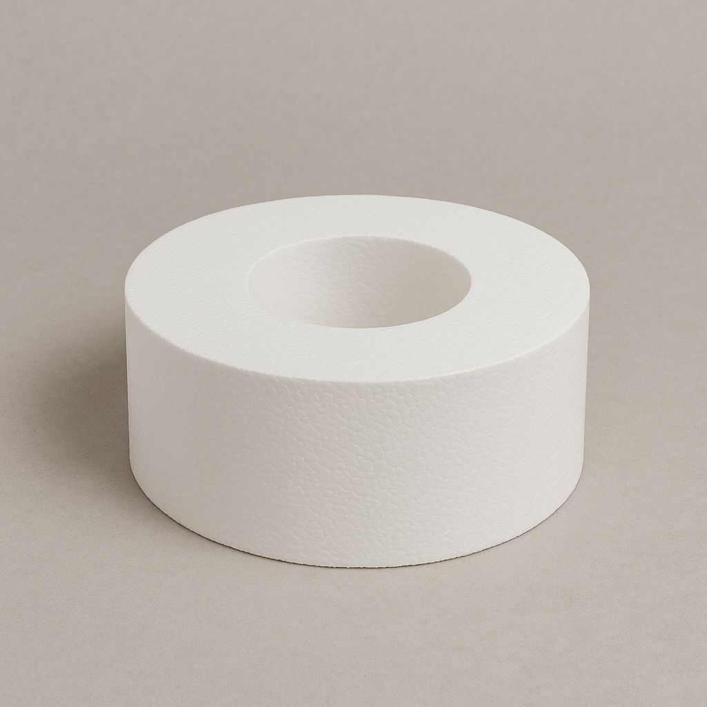 White polystyrene plumbing block with centre hole for pipe support.