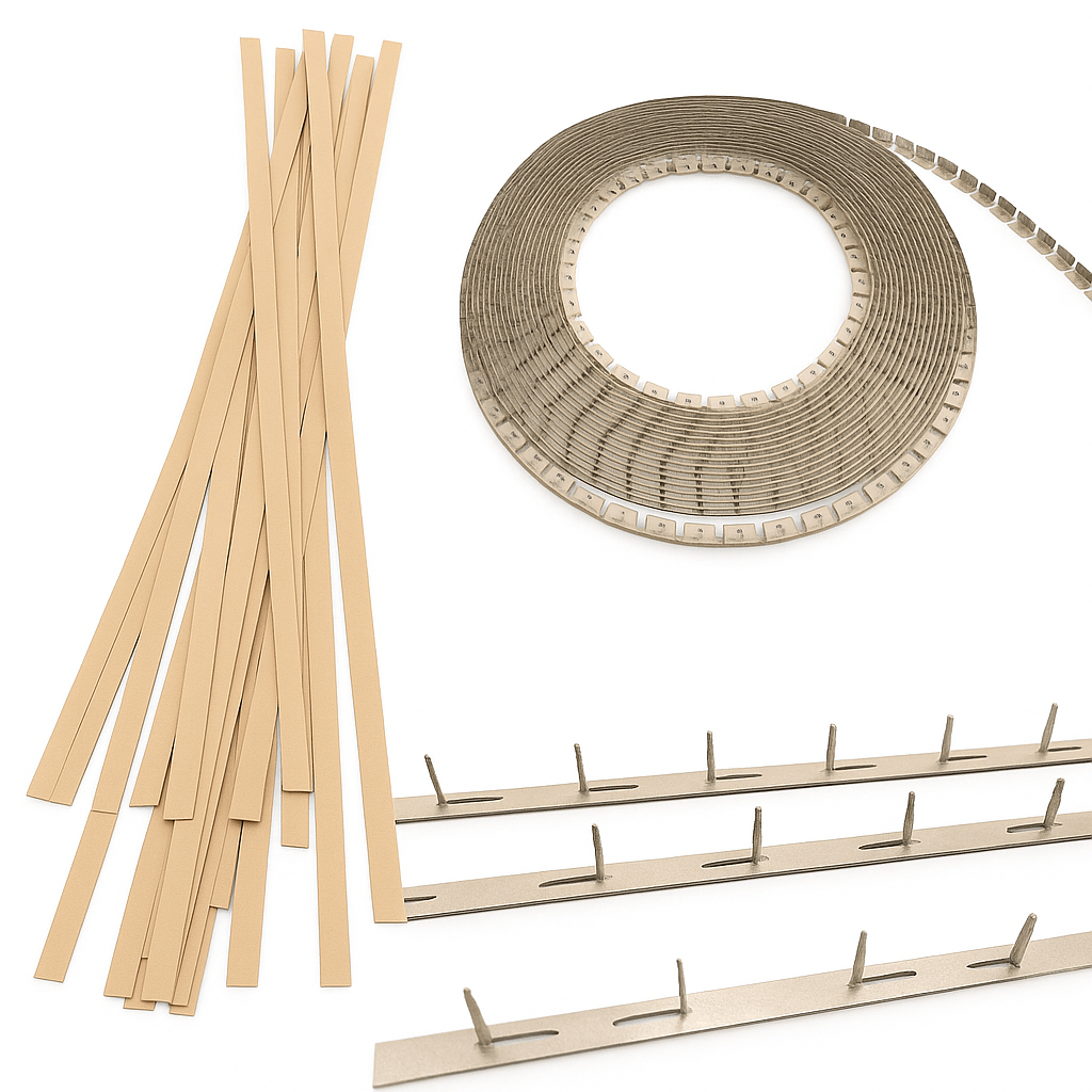Cardboard back tacking strips, upholstery cover fix strip roll, and metal back tacking strips.